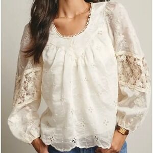 Boho Western White Eyelet Embroidered Balloon Sleeve Blouse Forte SZ L